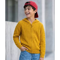 Pine Kids Knit Full Sleeves Front Open Hooded Sweater with Cable Knit Design - Mustard