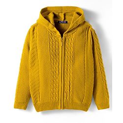Pine Kids Knit Full Sleeves Front Open Hooded Sweater with Cable Knit Design - Mustard