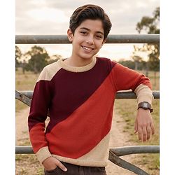 Pine Kids Cotton Knit Full Sleeves Pullover With Color Blocks & Stripes - Maroon