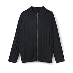Pine Kids Knit Solid Color Front Open Sweater with Cable Knit Design - Black