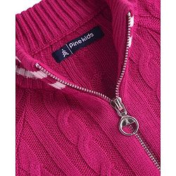 Pine Kids Knit Full Raglan Sleeves Front Open Sweater with Cable Knit Design - Dark Pink