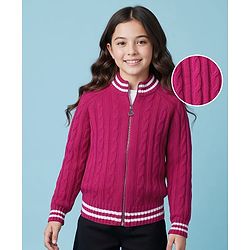 Pine Kids Knit Full Raglan Sleeves Front Open Sweater with Cable Knit Design - Dark Pink