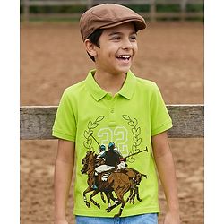 Pine Kids Cotton Knit Half Sleeves Polo T-Shirt with Sport Theme Print - Limegreen