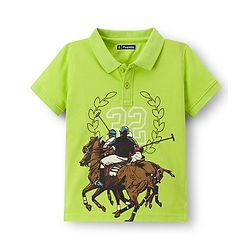 Pine Kids Cotton Knit Half Sleeves Polo T-Shirt with Sport Theme Print - Limegreen