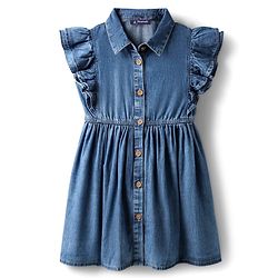Pine Kids Cotton Woven Frill Sleeves Shirt Style Solid Dress with Collar Neck & Cinched Waist - Mid Blue