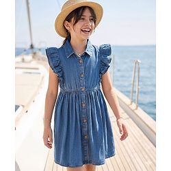 Pine Kids Cotton Woven Frill Sleeves Shirt Style Solid Dress with Collar Neck & Cinched Waist - Mid Blue