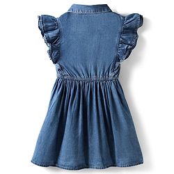 Pine Kids Cotton Woven Frill Sleeves Shirt Style Solid Dress with Collar Neck & Cinched Waist - Mid Blue