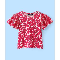 Pine Kids Cotton Knit Flutter Sleeves Top with Floral Design - Dark Pink