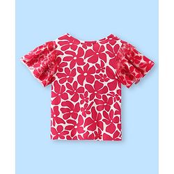 Pine Kids Cotton Knit Flutter Sleeves Top with Floral Design - Dark Pink