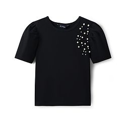 Pine Kids Cotton Knit Half Sleeves Solid Color Top with Pearl Detailing - Black