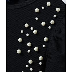Pine Kids Cotton Knit Half Sleeves Solid Color Top with Pearl Detailing - Black
