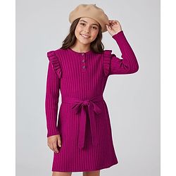 Pine Kids Knitted Full Sleeves Solid Ribbed Woollen Dress With Fabric Belt - Dark Pink
