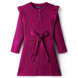 Pine Kids Knitted Full Sleeves Solid Ribbed Woollen Dress With Fabric Belt - Dark Pink