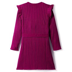 Pine Kids Knitted Full Sleeves Solid Ribbed Woollen Dress With Fabric Belt - Dark Pink