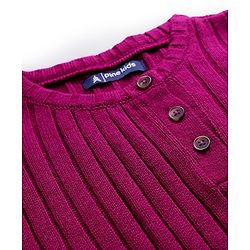 Pine Kids Knitted Full Sleeves Solid Ribbed Woollen Dress With Fabric Belt - Dark Pink