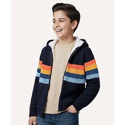 Pine Kids Knit Full Sleeves Front Open Hooded Sweater with Stripes - Navy Blue