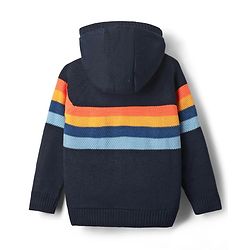 Pine Kids Knit Full Sleeves Front Open Hooded Sweater with Stripes - Navy Blue