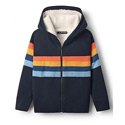 Pine Kids Knit Full Sleeves Front Open Hooded Sweater with Stripes - Navy Blue