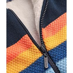 Pine Kids Knit Full Sleeves Front Open Hooded Sweater with Stripes - Navy Blue