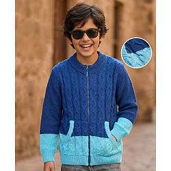 Pine Kids Knit Full Sleeves Front Open Sweater with Kangaroo Pocket & Cable Knit Design - Blue