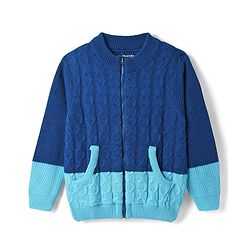 Pine Kids Knit Full Sleeves Front Open Sweater with Kangaroo Pocket & Cable Knit Design - Blue