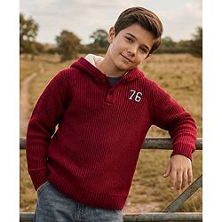 Pine Kids Knit Full Sleeves Hooded Sweater with Number Patch - Dark Red