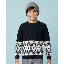Pine Kids Knit Full Sleeves Pullover Sweater With Cable Knit & Argyle Design - Navy Blue