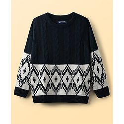 Pine Kids Knit Full Sleeves Pullover Sweater With Cable Knit & Argyle Design - Navy Blue