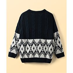 Pine Kids Knit Full Sleeves Pullover Sweater With Cable Knit & Argyle Design - Navy Blue