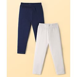 Pine Kids Cotton Lycra Knit Full Length Solid Coloured Leggings Pack Of 2- Navy Blue & White