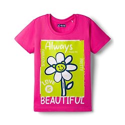Pine Kids Cotton Knit Half Sleeves T-Shirt With Floral Print - Dark Pink