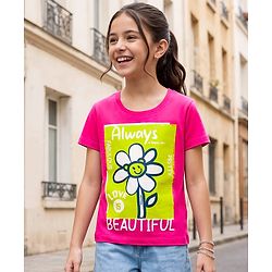 Pine Kids Cotton Knit Half Sleeves T-Shirt With Floral Print - Dark Pink