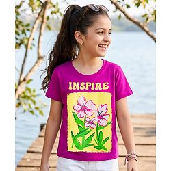 Pine Kids Cotton Knit Half Sleeves T-Shirt With Floral Print - Fuchsia