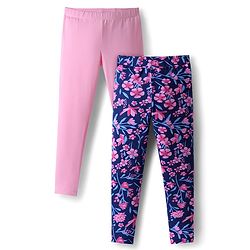 Pine Kids Cotton Knit Full Length Leggings With Floral Print Pack Of 2 - Purple & Pink