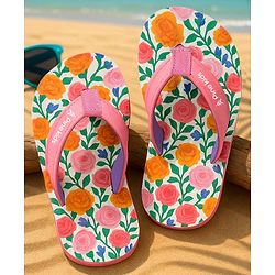 Pine Kids Slip On Flip Flops with Floral Print - Pink