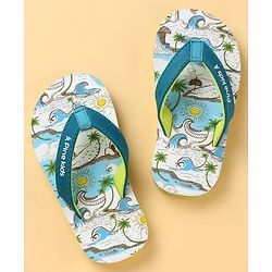 Pine Kids Slip On Flip Flops with Beach Theme Print - Blue