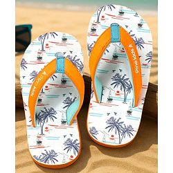 Pine Kids Slip On Flip Flops with Beach Theme Print - White & Blue