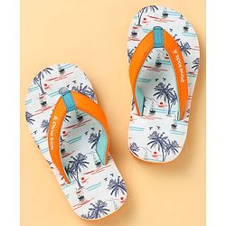 Pine Kids Slip On Flip Flops with Beach Theme Print - White & Blue