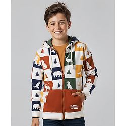Pine Kids Cotton Knit Full Sleeves Front Open SweatJacket with Animal Print - White Brown & Mustard