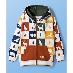 Pine Kids Cotton Knit Full Sleeves Front Open SweatJacket with Animal Print - White Brown & Mustard