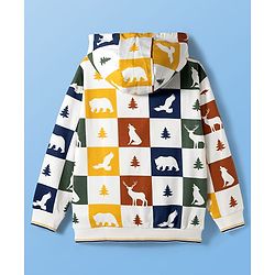 Pine Kids Cotton Knit Full Sleeves Front Open SweatJacket with Animal Print - White Brown & Mustard