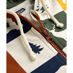 Pine Kids Cotton Knit Full Sleeves Front Open SweatJacket with Animal Print - White Brown & Mustard