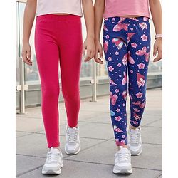 Pine Kids Cotton Lycra Knit Full Length Butterfly Printed Leggings Pack Of 2 - Blue & Dark Pink