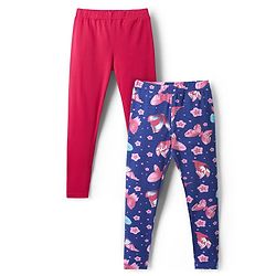 Pine Kids Cotton Lycra Knit Full Length Butterfly Printed Leggings Pack Of 2 - Blue & Dark Pink