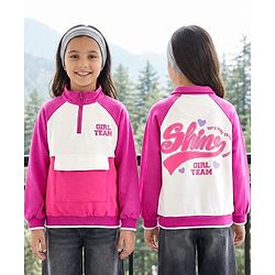 Pine Kids Cotton Knit Full Raglan Sleeves Sweatshirt With Front & Back Text Print - Dark Pink & White