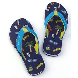 Pine Kids Flip Flops With Tropical Theme Print - Navy Blue