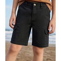 Pine Kids Cotton Elastane Woven Above Knee Length Solid Colour Shorts - Black