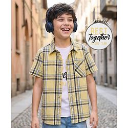 Pine Kids 100% Cotton Half Sleeves Checks Shirt With Text Printed Tank T-Shirt - Yellow & White