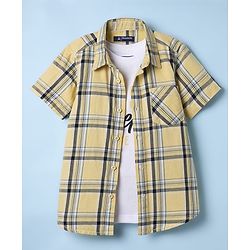 Pine Kids 100% Cotton Half Sleeves Checks Shirt With Text Printed Tank T-Shirt - Yellow & White