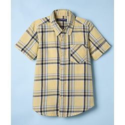Pine Kids 100% Cotton Half Sleeves Checks Shirt With Text Printed Tank T-Shirt - Yellow & White